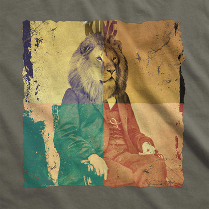 An army green Bella Canvas t-shirt featuring a vintage photo of a lion on a Victorian man's head in a pop art style.