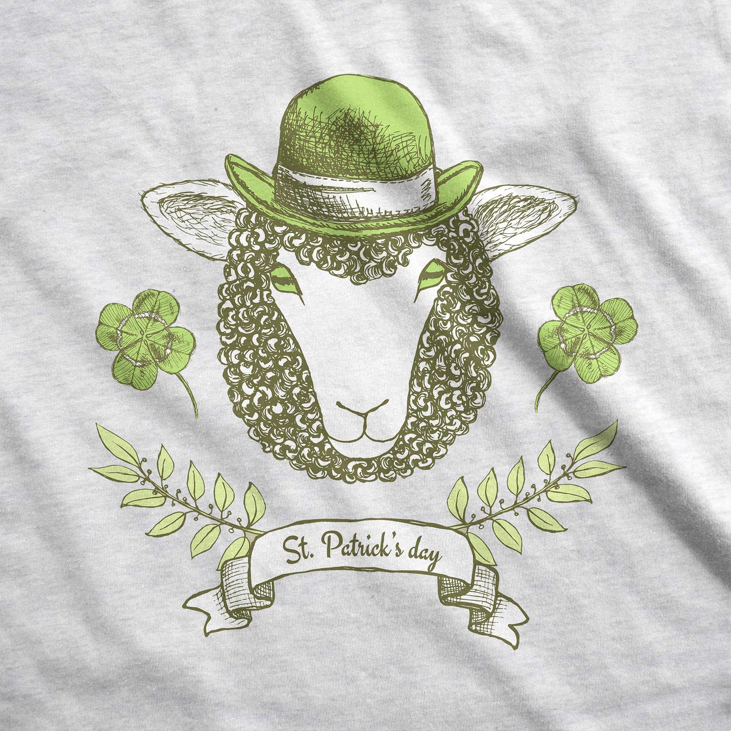 An ash Bella Canvas swatch featuring a sheep with a green hat, clovers and the words St.Patrick's Day.