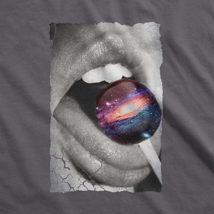 An asphalt grey Bella Canvas swatch with a black and white image of a woman's mouth eating a lollipop that looks like a swirling galaxy.