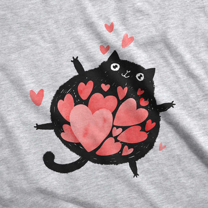 An athletic heather Bella Canvas swatch featuring a cartoon black cat with a tummy full of hearts.