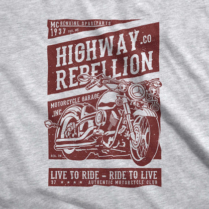 An athletic heather grey Bella Canvas swatch featuring a motorcycle and the words highway rebellion live to ride - ride to live.
