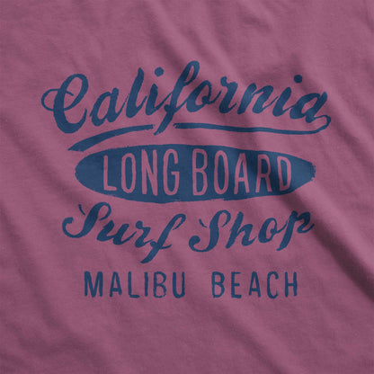 A berry purple Comfort Colors swatch that says California long board surf shop Malibu Beach