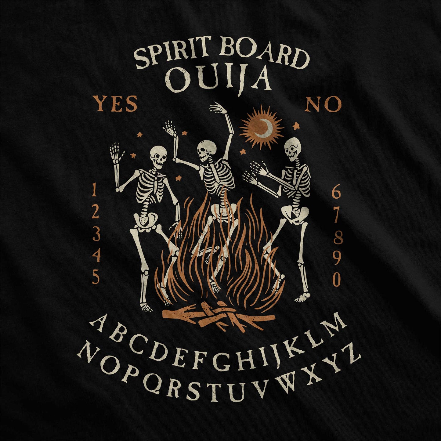A black District swatch with dancing skeletons in front of a fire and an ouija board layout.