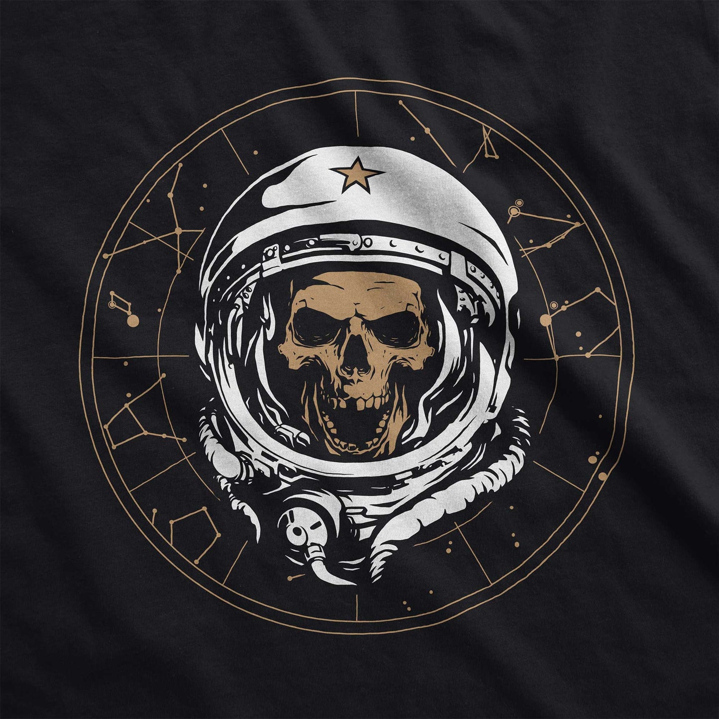 A black Bella Canvas swatch featuring a skull of astronaut breaking through the constellations in space.
