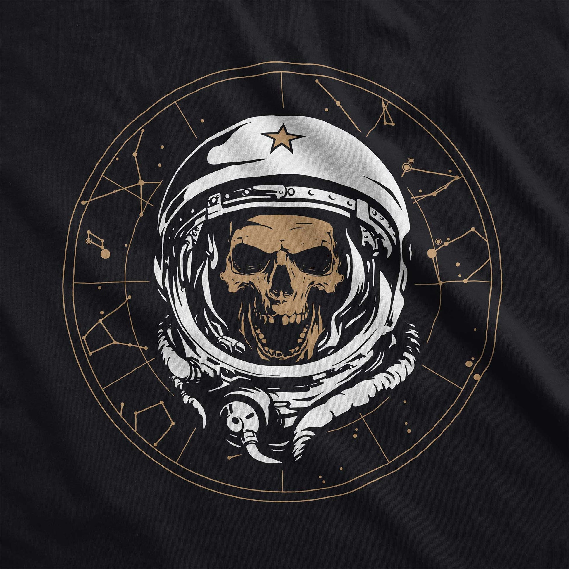 A black Bella Canvas swatch featuring a skull of astronaut breaking through the constellations in space.