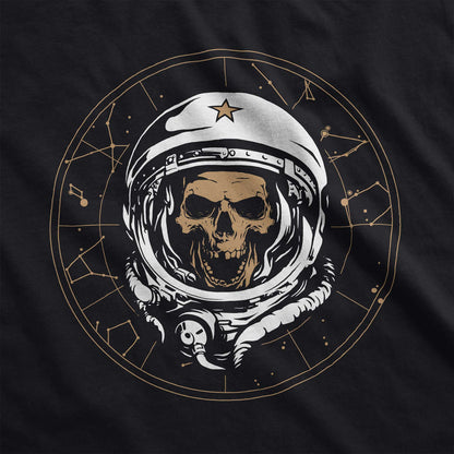 A black Bella Canvas swatch featuring a skull of astronaut breaking through the constellations in space.
