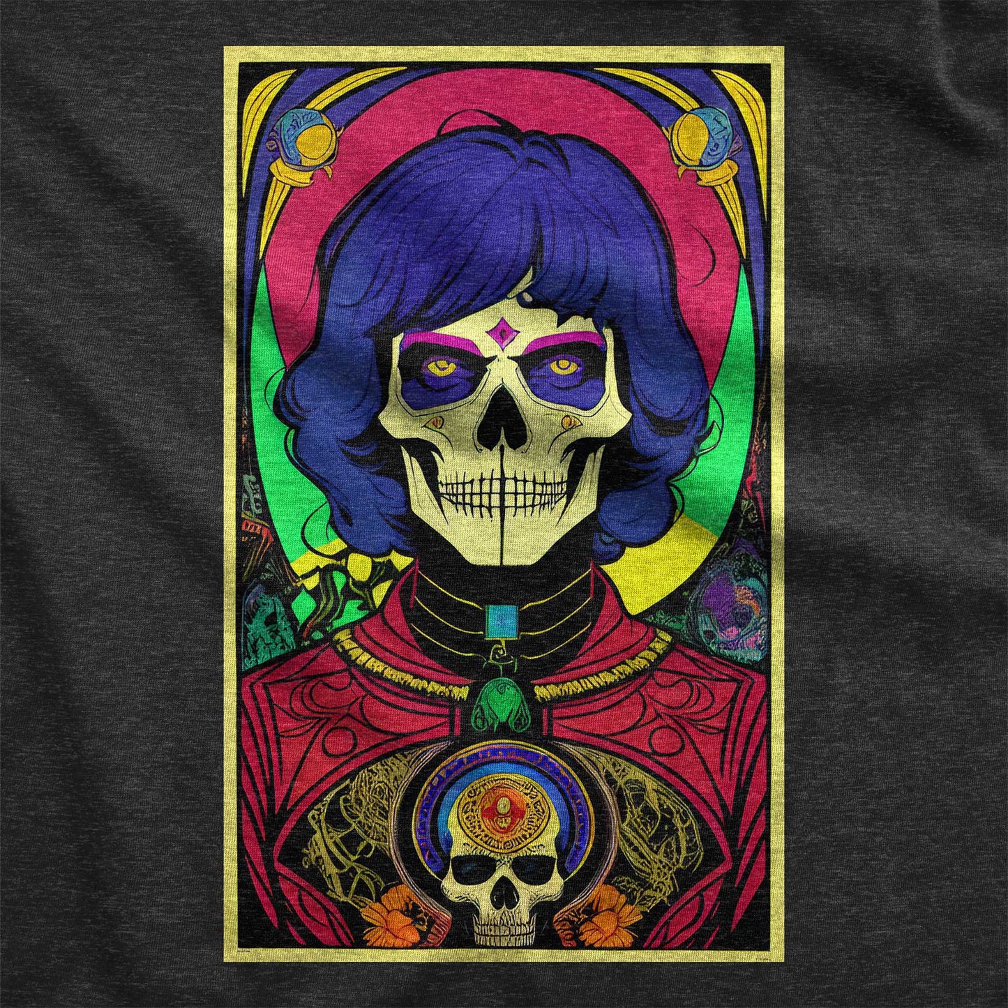 A black Bella Canvas swatch featuring a psychedelic pop art illustration of Death.