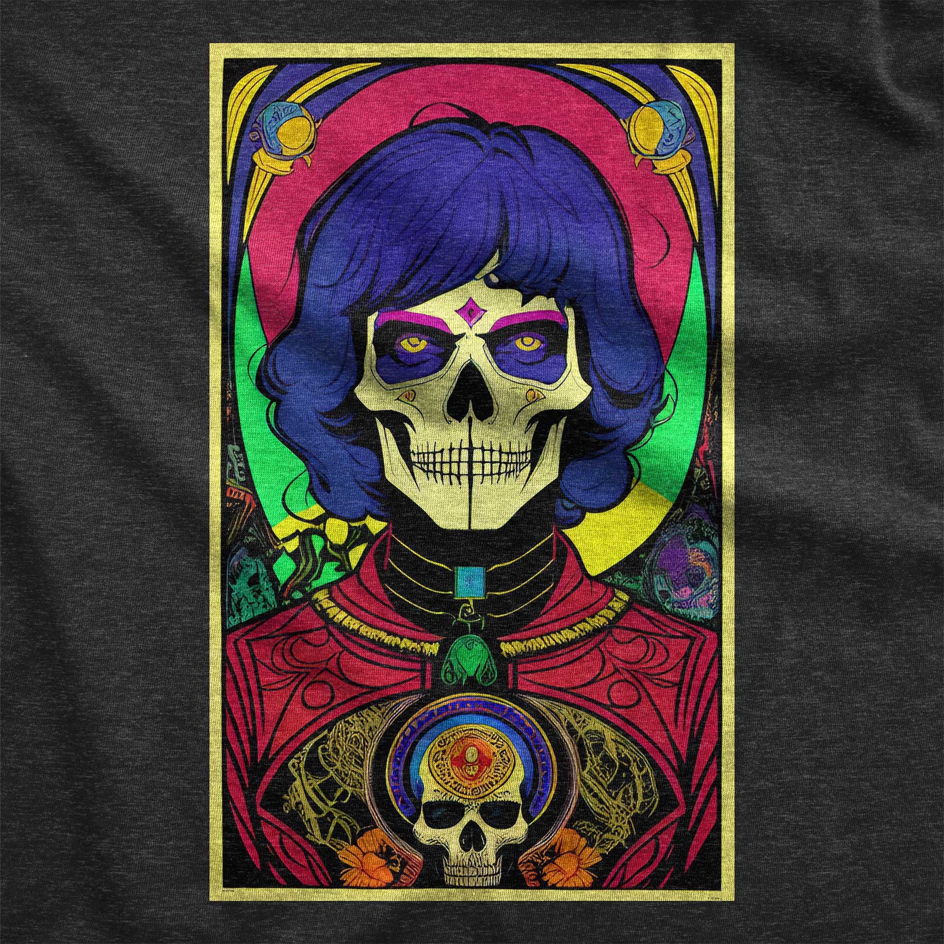 A black Bella Canvas swatch featuring a psychedelic pop art illustration of Death.
