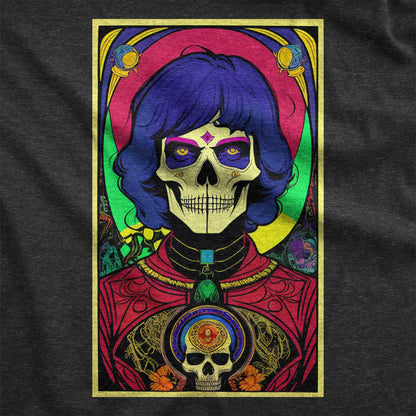 A black Bella Canvas swatch featuring a psychedelic pop art illustration of Death.