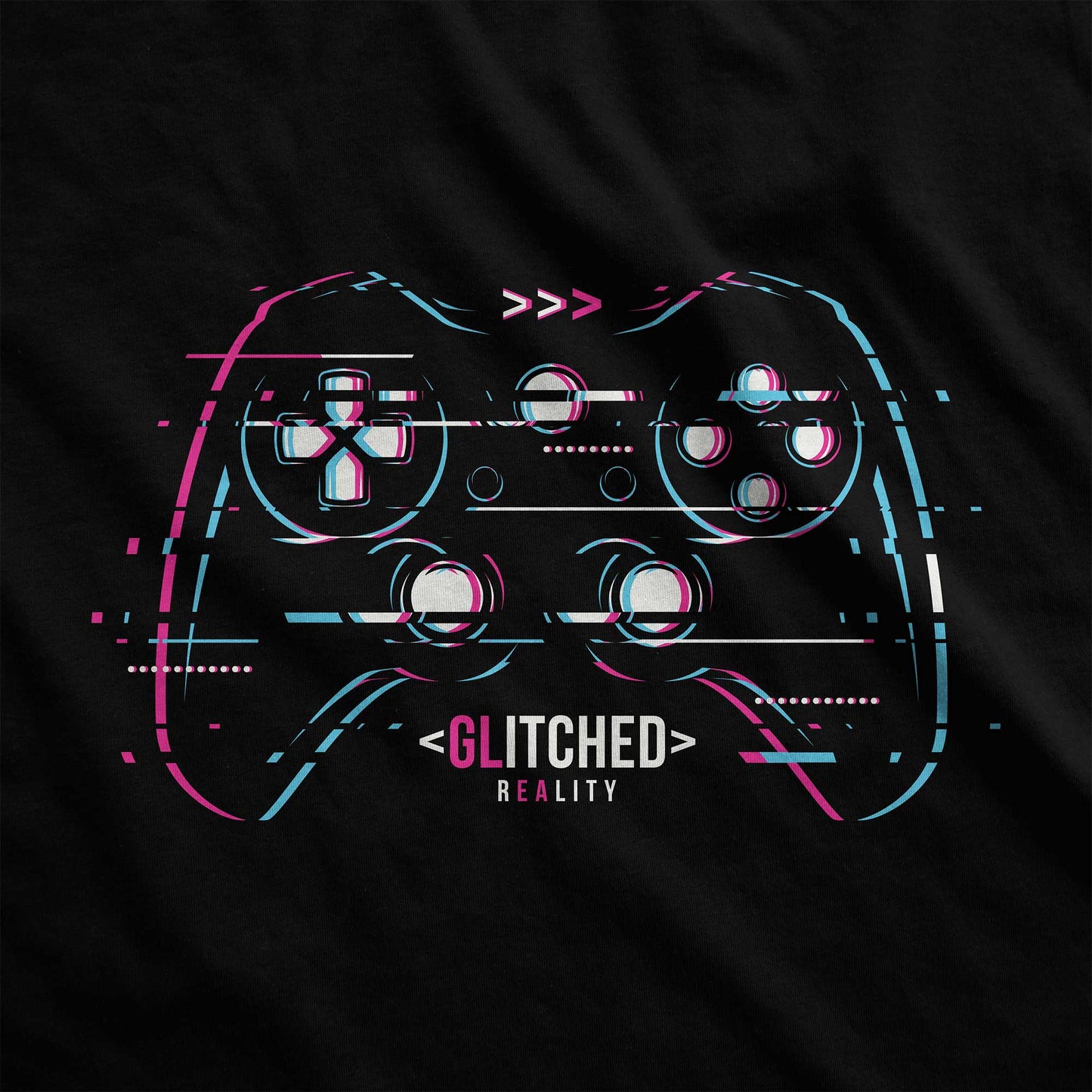 A black District 7501 swatch featuring a glitchy video game controller in neon colors with the words glitched reality.