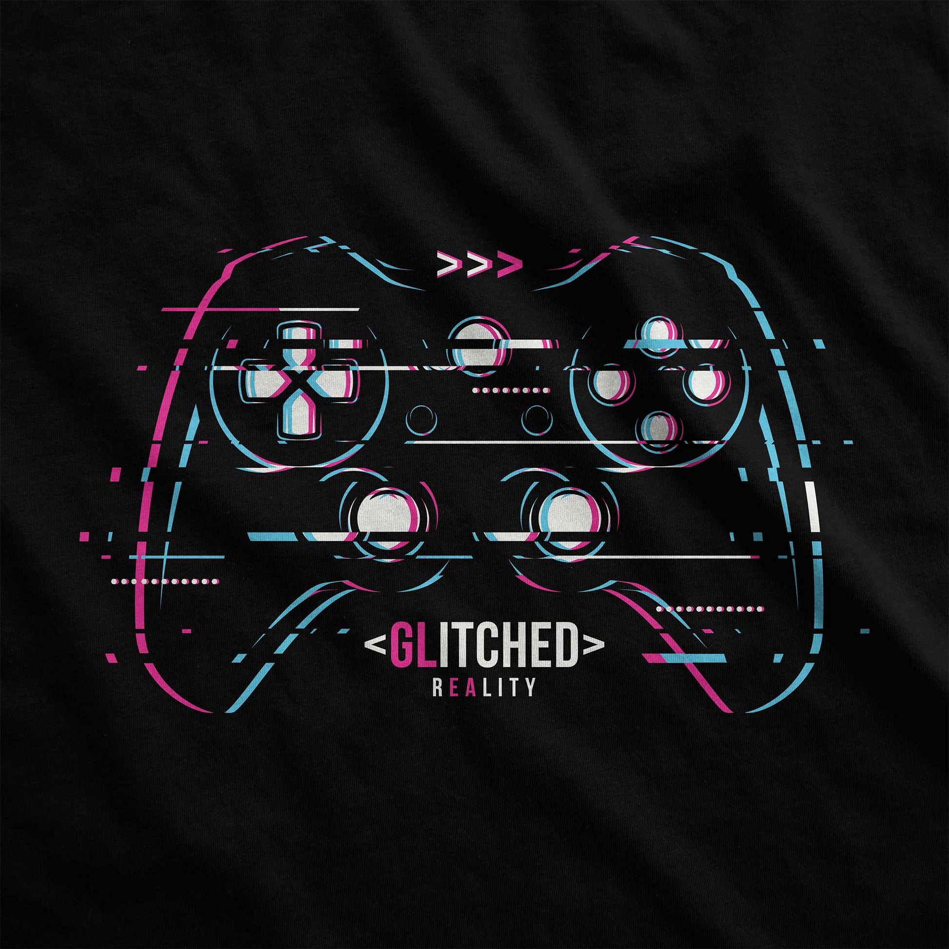 A black District 7501 swatch featuring a glitchy video game controller in neon colors with the words glitched reality.