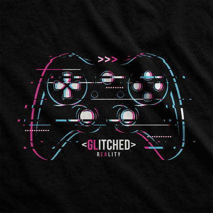 A black District 7501 swatch featuring a glitchy video game controller in neon colors with the words glitched reality.