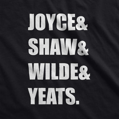 A black Bella Canvas swatch featuring the last names of Irish writers Joyce, Shaw, Wilde and Yeats.