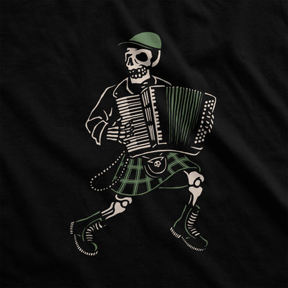 A black Bella Canvas swatch featuring a skeleton dressed in Irish garb and playing an accordion.
