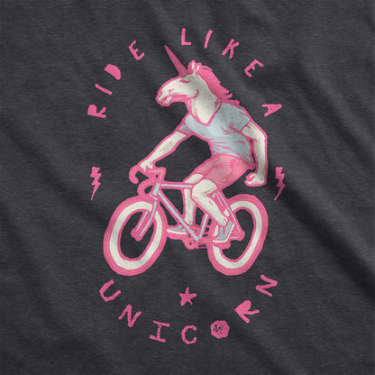 A dark grey heather Bella Canvas swatch featuring a neon pink unicorn riding a bike and the words ride like a unicorn.