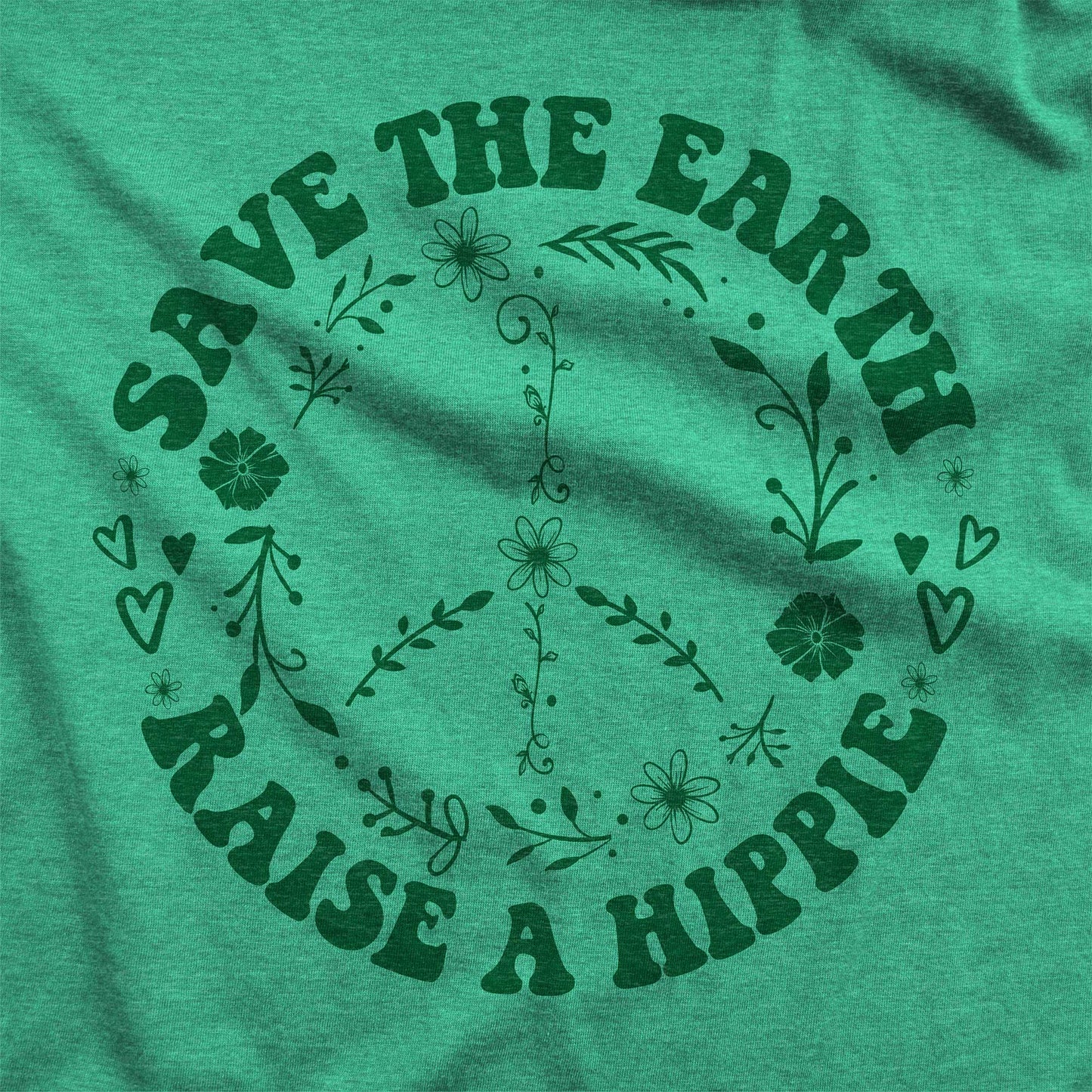An envy green triblend Next Level swatch featuring a peace sign with the words save the earth raise a hippie.