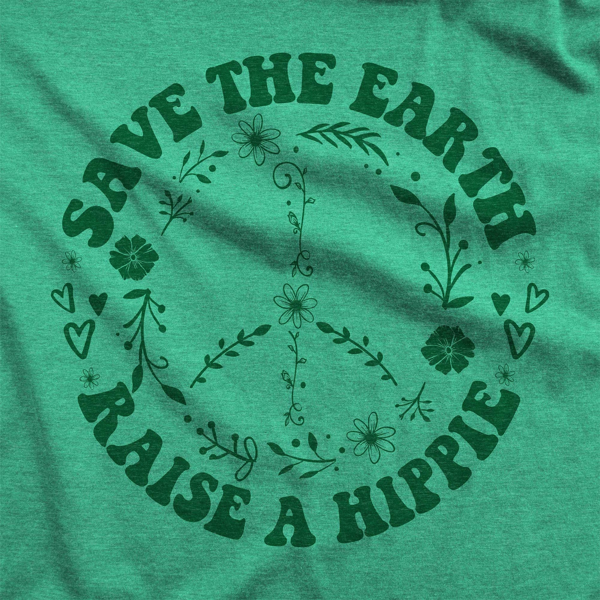 An envy green triblend Next Level swatch featuring a peace sign with the words save the earth raise a hippie.