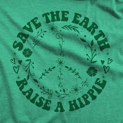 An envy green triblend Next Level swatch featuring a peace sign with the words save the earth raise a hippie.