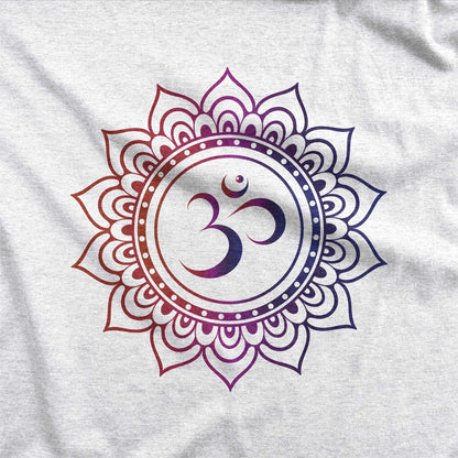 A heather white Next Level swatch featuring an om symbol surrounded by a mandala.
