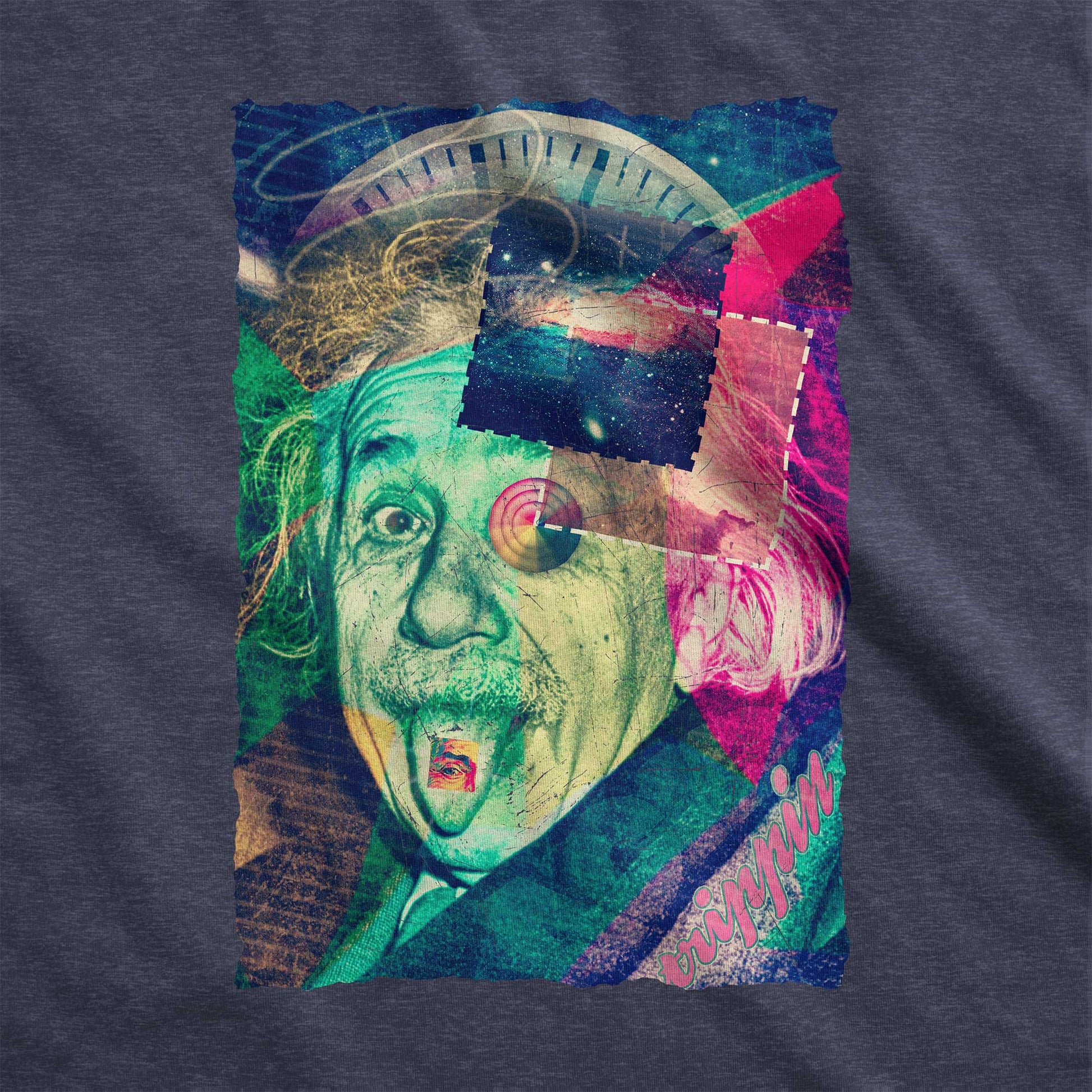 A heather navy Bella Canvas swatch featuring the iconic Albert Einstein photo with his tongue out styled in a vaporwave aesthetic and a LSD paper on his tongue.
