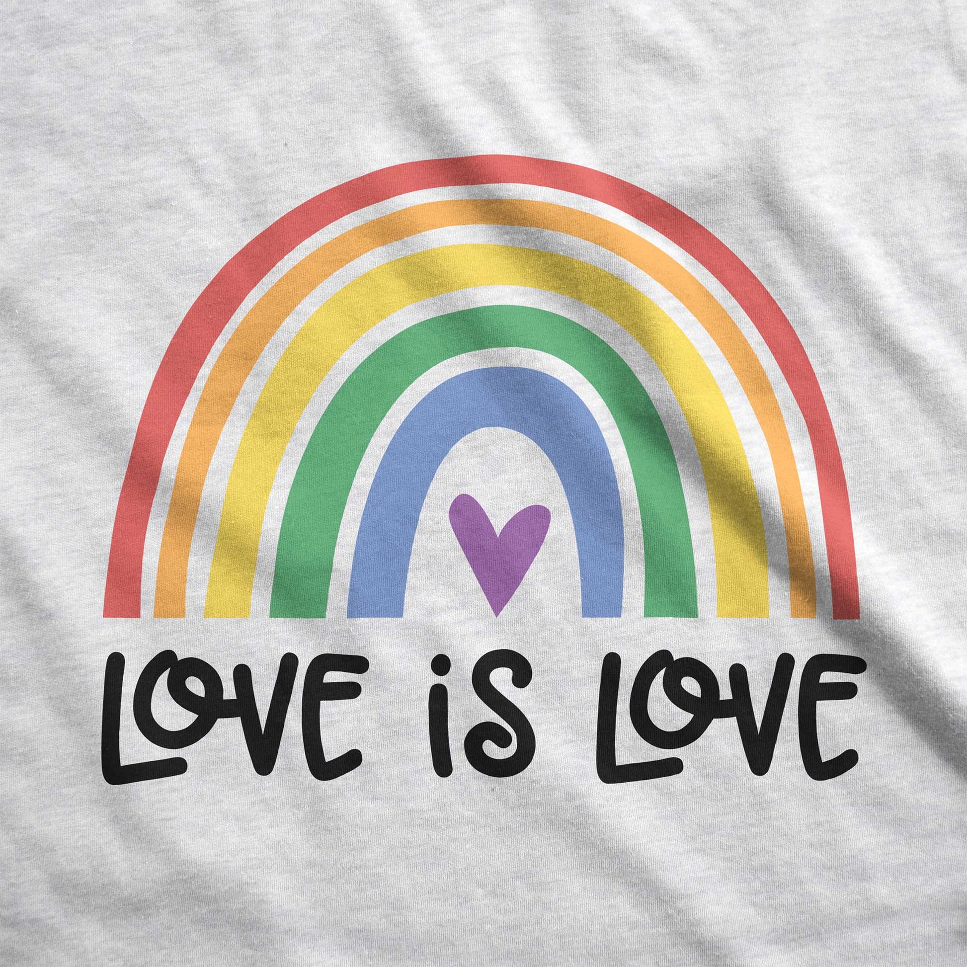 A heather white Next Level raglan swatch featuring a multi-colored rainbow with the words love is love below it.