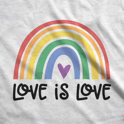 A heather white Next Level raglan swatch featuring a multi-colored rainbow with the words love is love below it.
