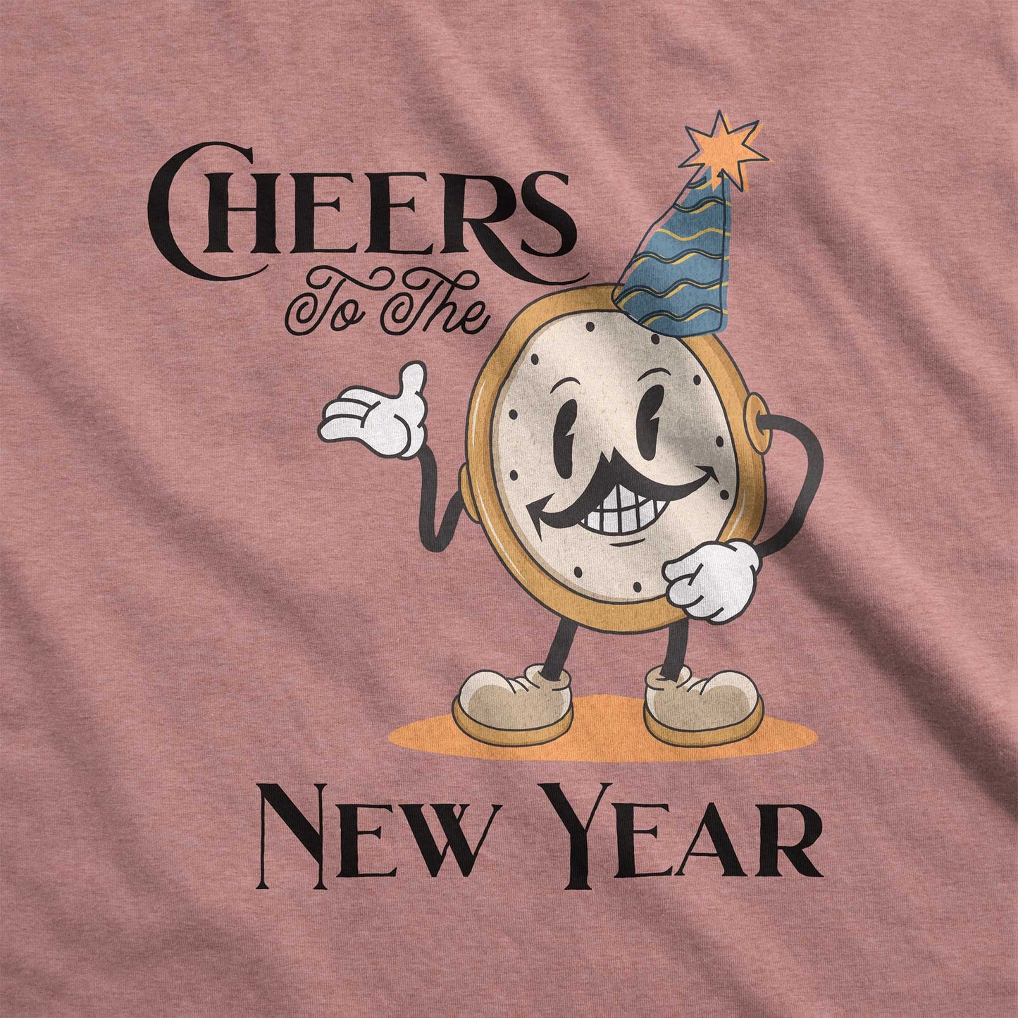 A heather mauve Bella Canvas swatch featuring a retro looking clock cartoon with a party hat next to the words Cheers to the New Year.