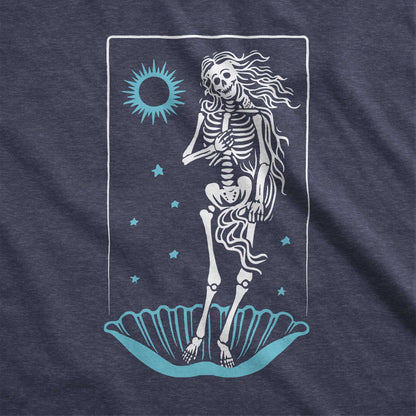 A heather navy Bella Canvas swatch that features a skeleton in a pose similar to Botticelli's Birth of Venus painting.
