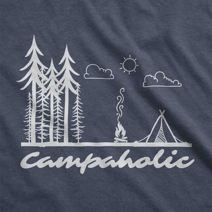 A heather navy Bella Canvas swatch featuring a tent, trees and the words campaholic.