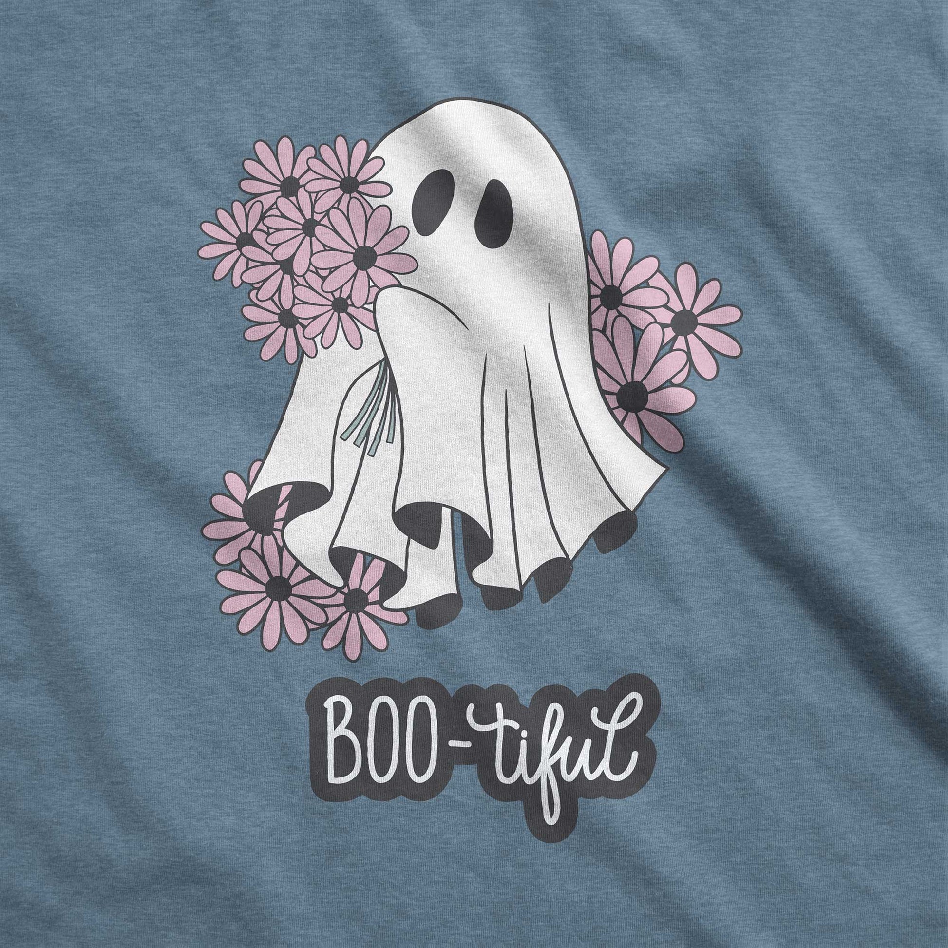 A heather slate Bella Canvas swatch featuring a cute cartoon ghost surrounded by flowers and the words boo-tiful.