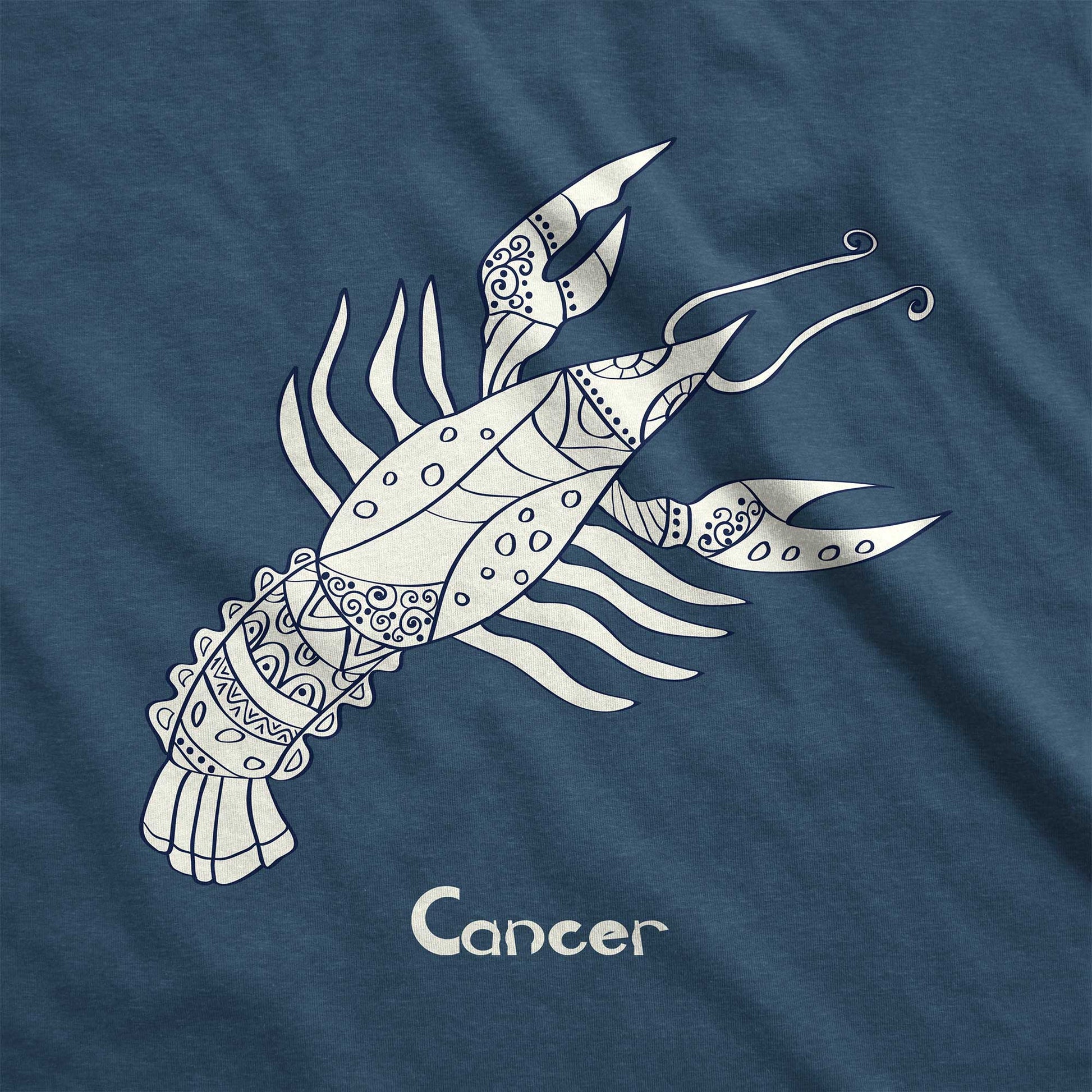 A heathered neptune District 7501 swatch featuring the zodiac symbol of Cancer, the crayfish, in a Mediterranean style.