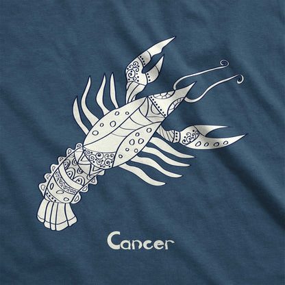A heathered neptune District 7501 swatch featuring the zodiac symbol of Cancer, the crayfish, in a Mediterranean style.