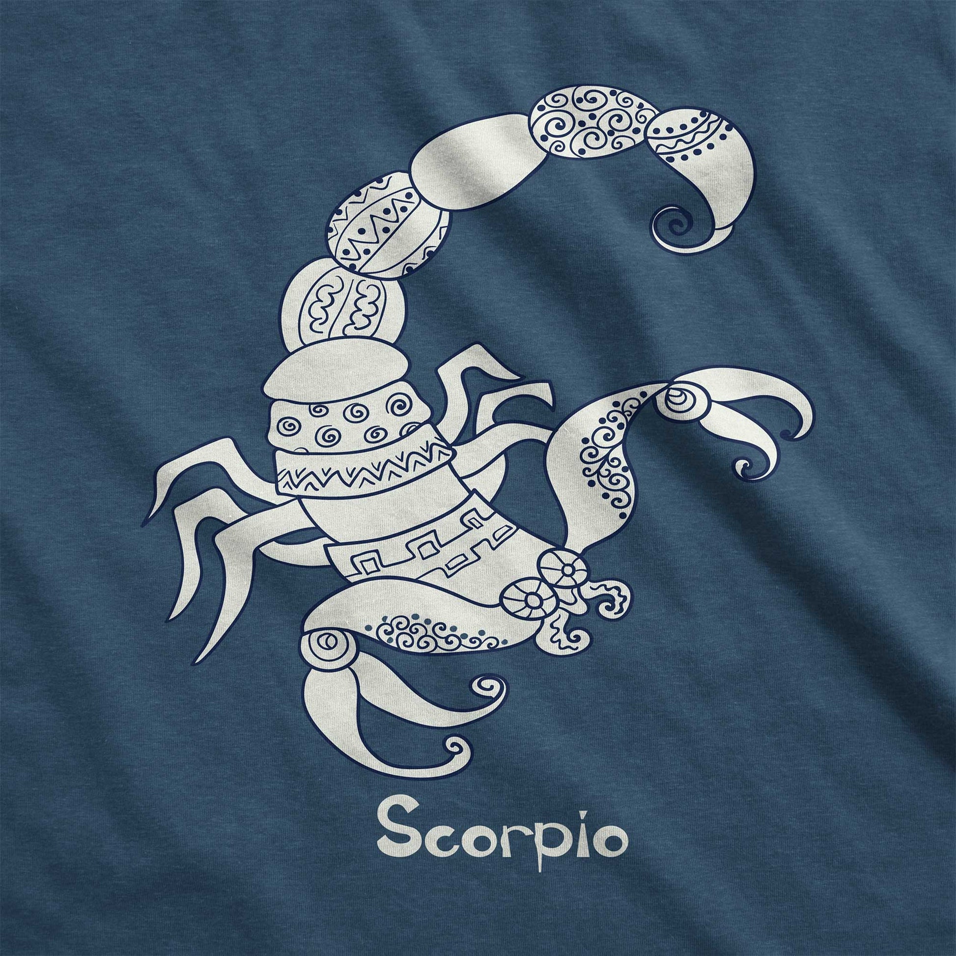 A heathered neptune District 7501 swatch featuring the zodiac symbol of Scorpio, the scorpion, in a Mediterranean style.