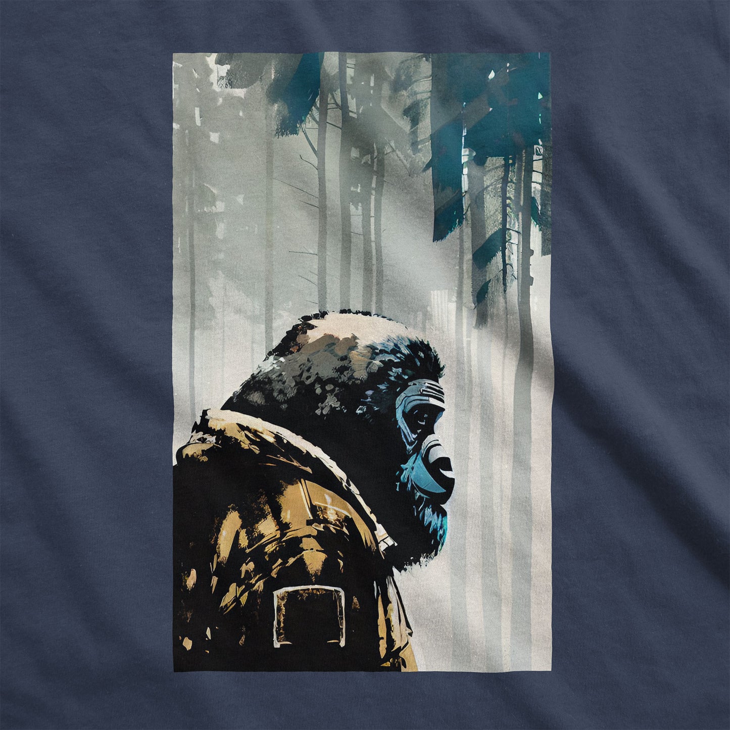 A navy Bella Canvas swatch featuring a highly-intelligent non-human ape species exploring the wilderness.