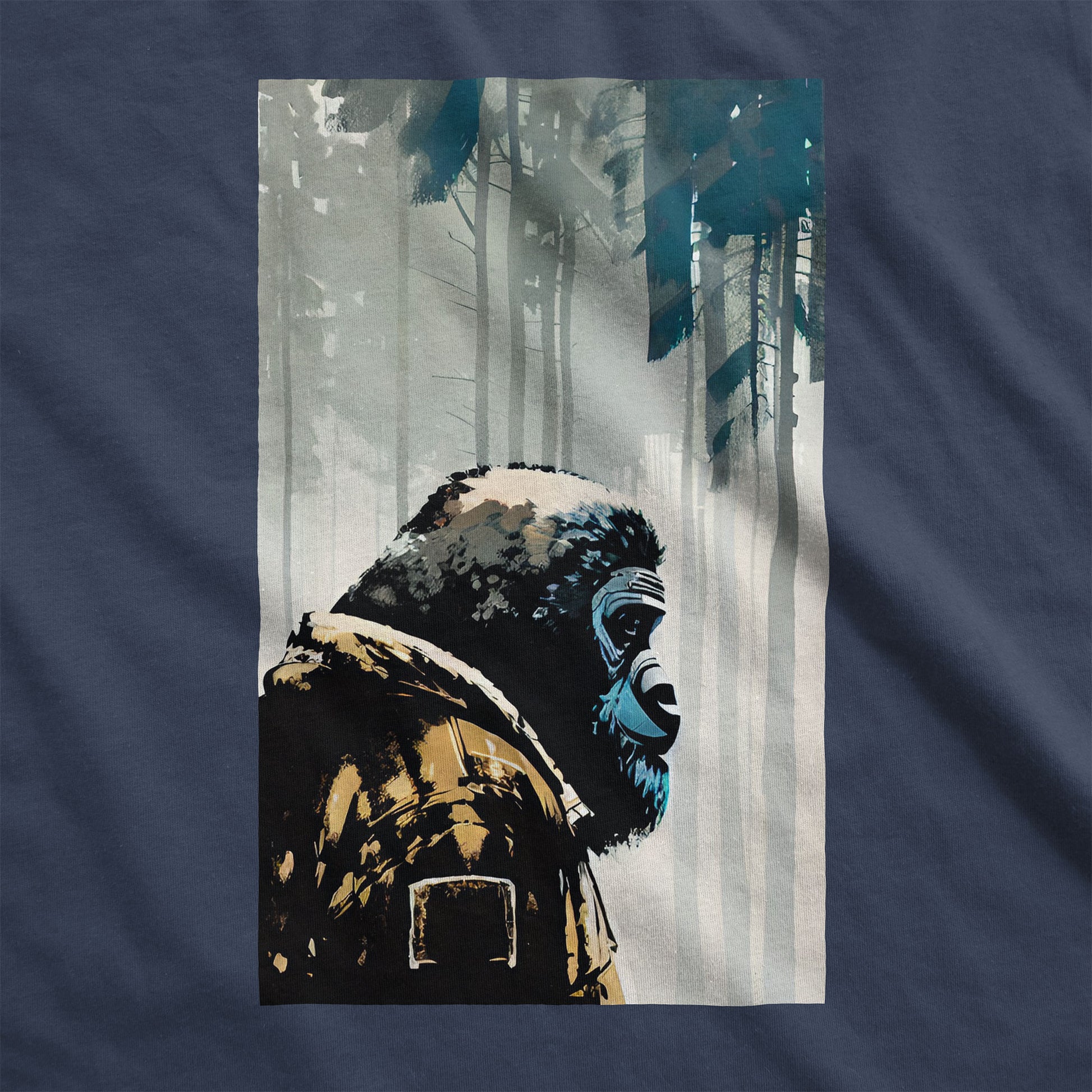 A navy Bella Canvas swatch featuring a highly-intelligent non-human ape species exploring the wilderness.