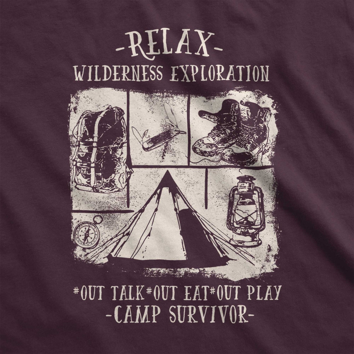 An oxblood black Bella Canvas swatch featuring camping images with the words relax wilderness exploration, out talk, out eat, out play, camp survivor.