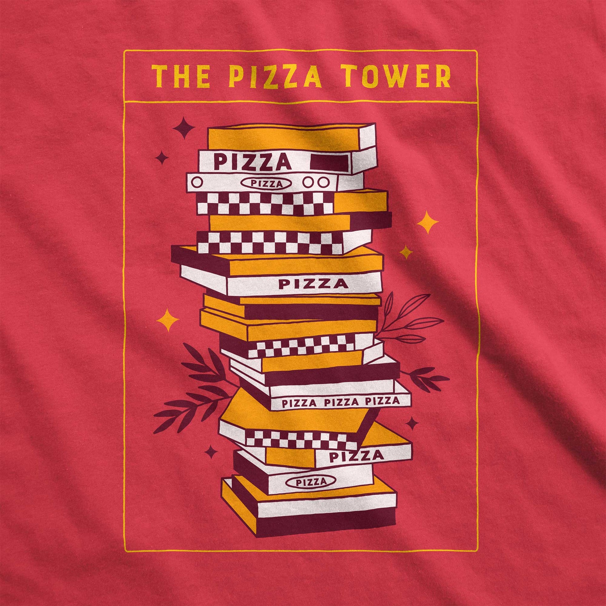 A red Bella Canvas swatch featuring a modern tarot card of the Tower as instead a stack of pizzas.