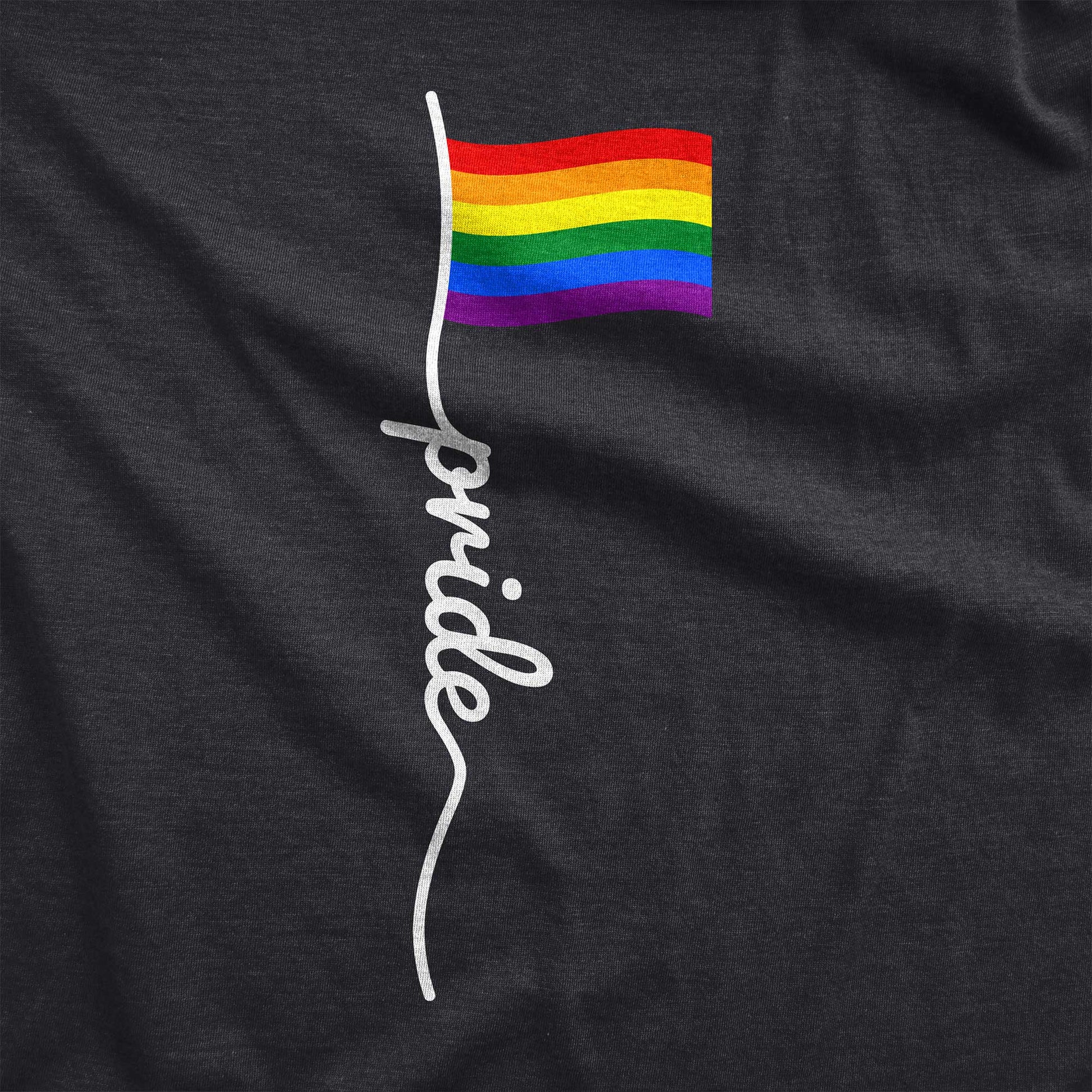 A black Bella Canvas swatch featuring a LGBTQ rainbow flag with the words pride.