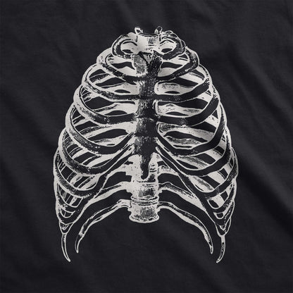 A vintage black Bella Canvas swatch featuring a vintage illustration of a skeletons rib cage.