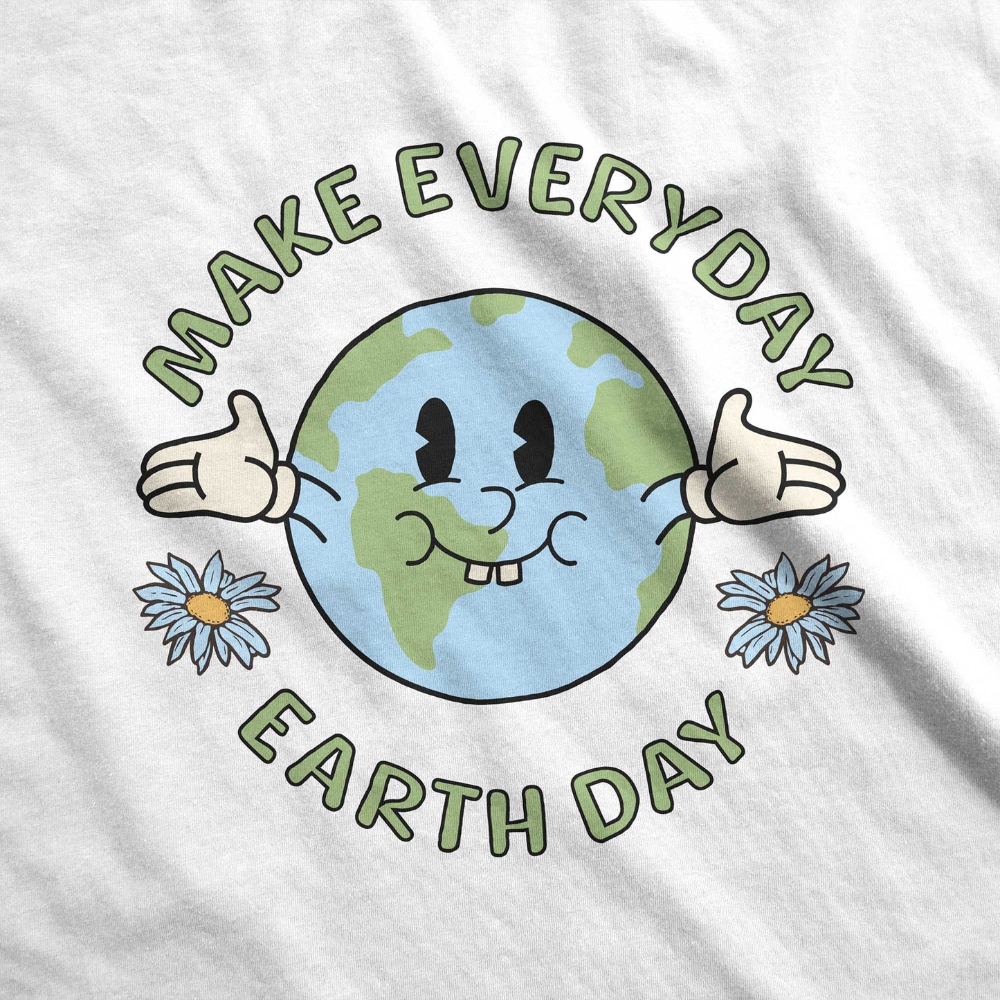 A white classic ringer swatch featuring a cartoon Earth and the words make everyday earth day.