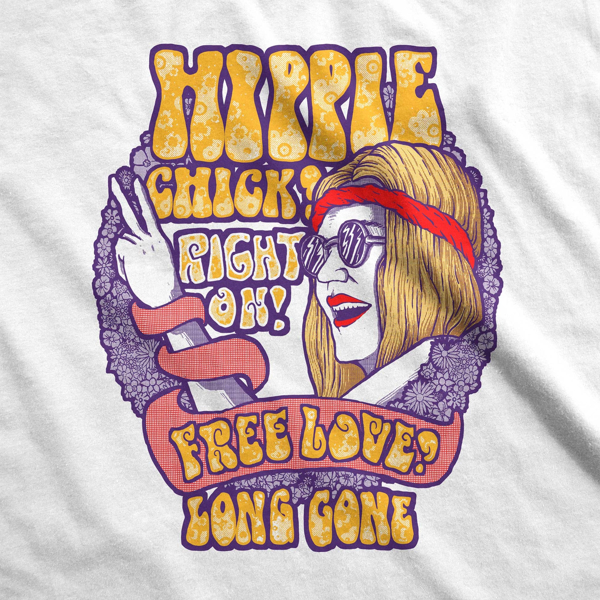 A white fabric swatch featuring a 70's hippie woman flashing a peace sign with the words hippie chick right on free love long gone.