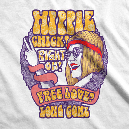 A white fabric swatch featuring a 70's hippie woman flashing a peace sign with the words hippie chick right on free love long gone.