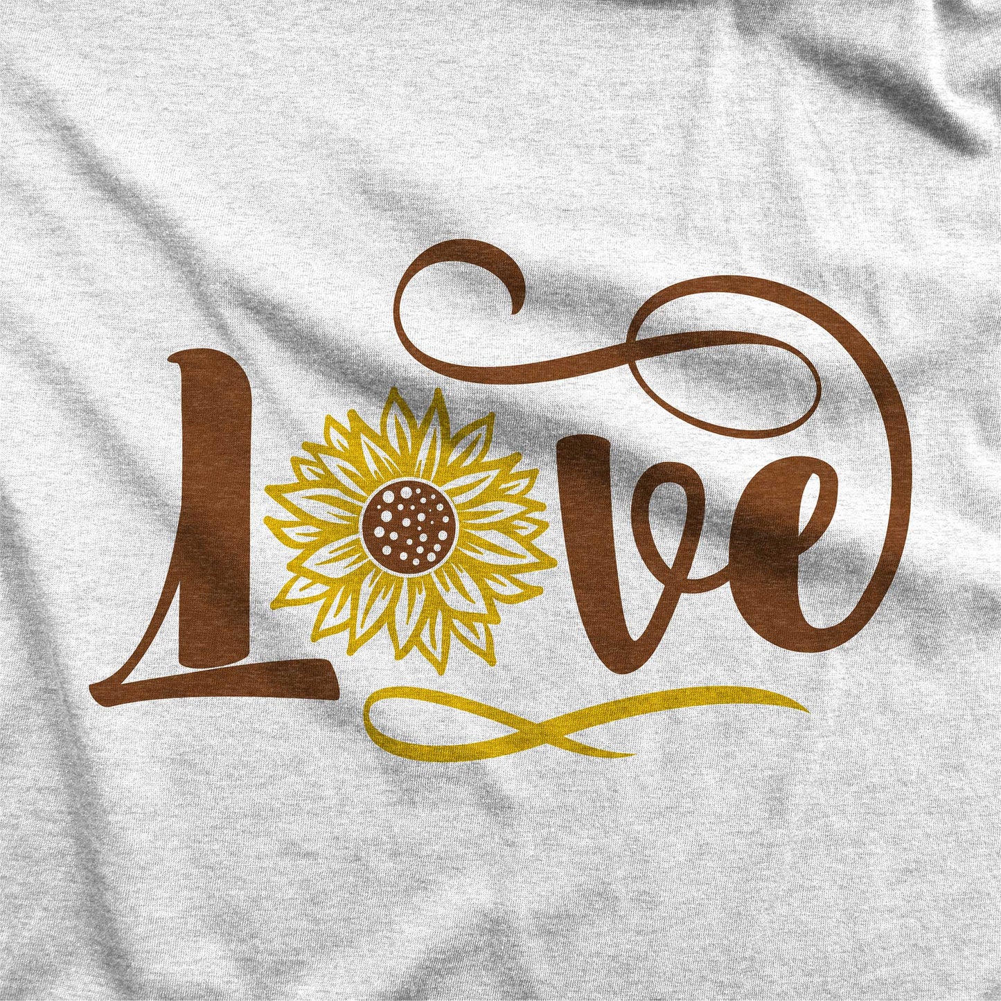 A heather white Next Level swatch featuring the words love with a sunflower making the o in the word.