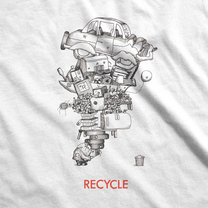 A white Bella Canvas swatch featuring a vintage 70's cartoon of a man recycling junk.