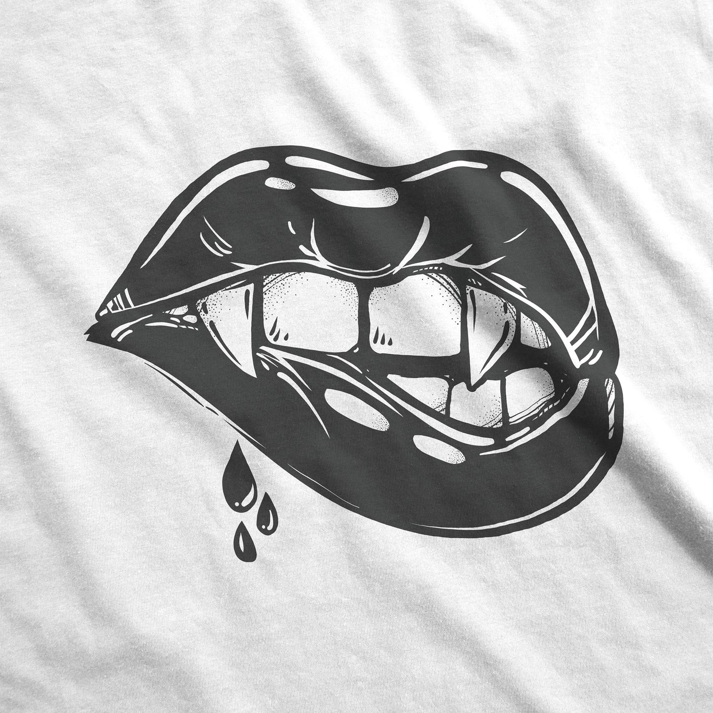 A white District 7501 swatch featuring a pair of female vampire lips biting down and drawing blood.