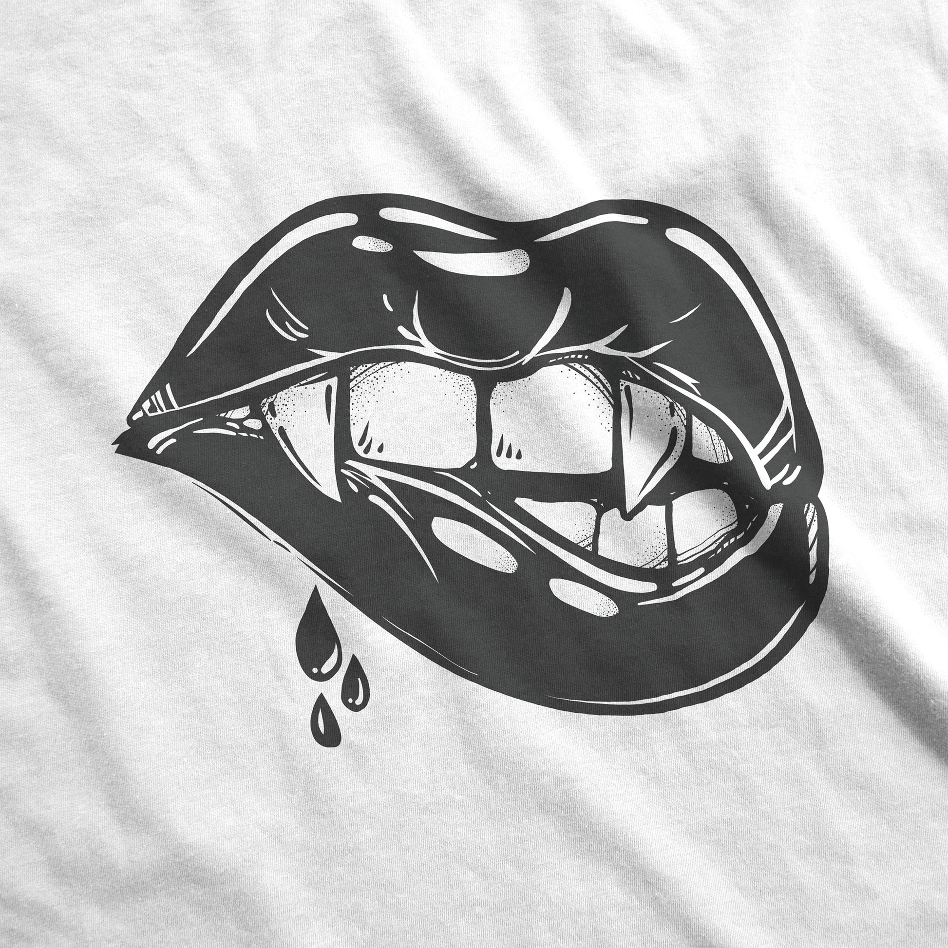 A white District 7501 swatch featuring a pair of female vampire lips biting down and drawing blood.
