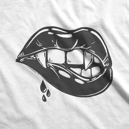 A white District 7501 swatch featuring a pair of female vampire lips biting down and drawing blood.