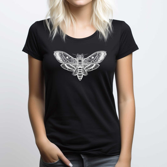 A woman wearing a black District 7501 t-shirt featuring a silhouette of a death's head moth.