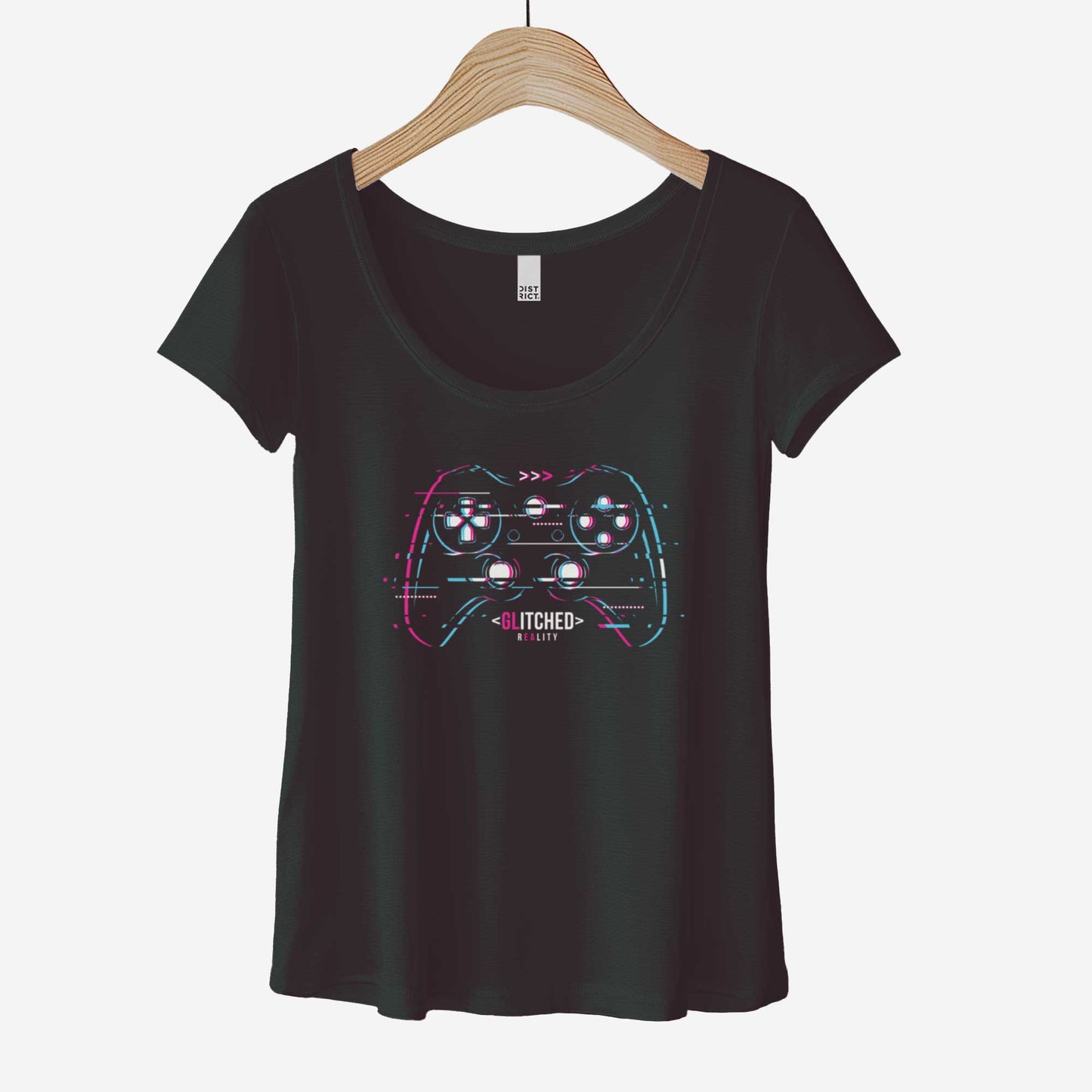 A hanging black District 7501 scoop neck t-shirt featuring a glitchy video game controller in neon colors with the words glitched reality.