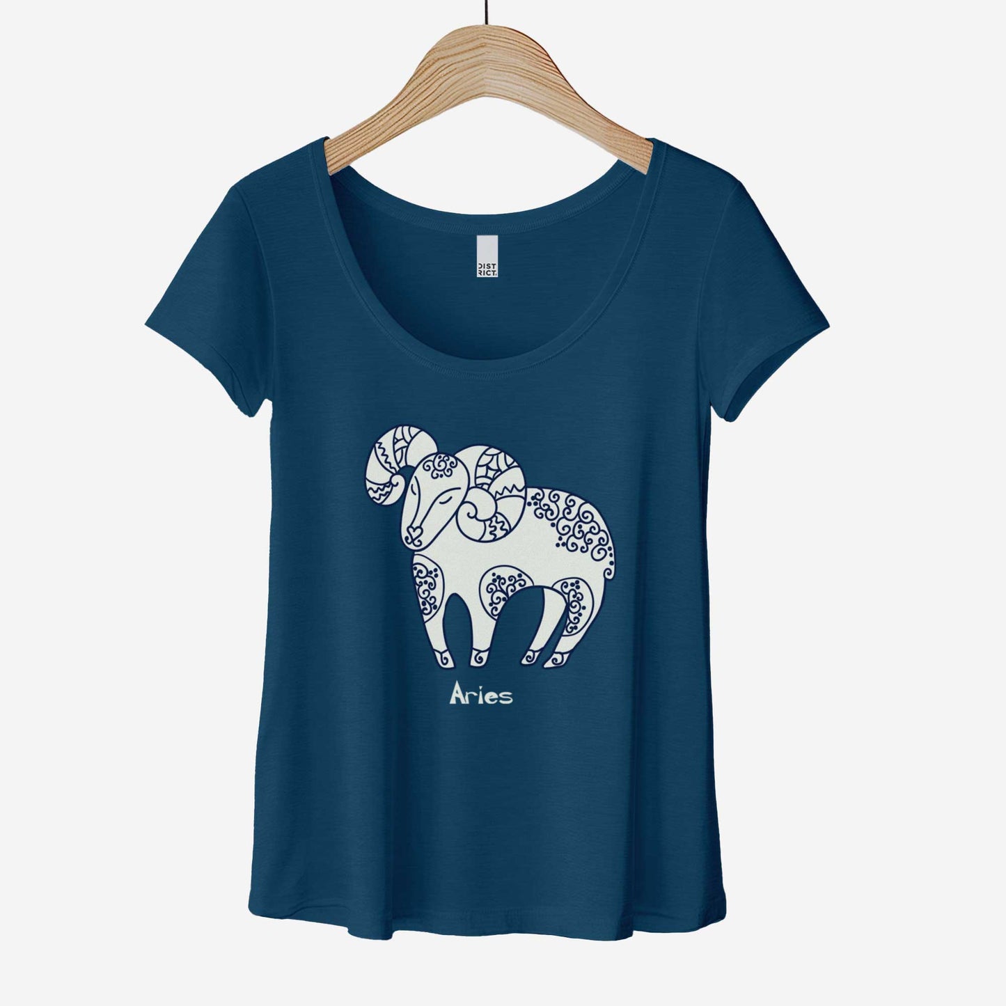 A hanging heathered neptune District 7501 scoop neck t-shirt featuring the zodiac symbol of Aries, the ram, in a Mediterranean style.